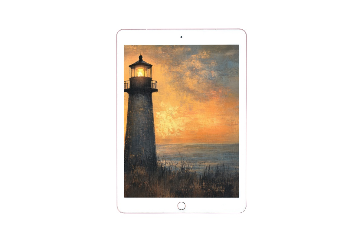 Dusk Beacon Glow coastal tablet wallpaper with lighthouse and serene dusk blues