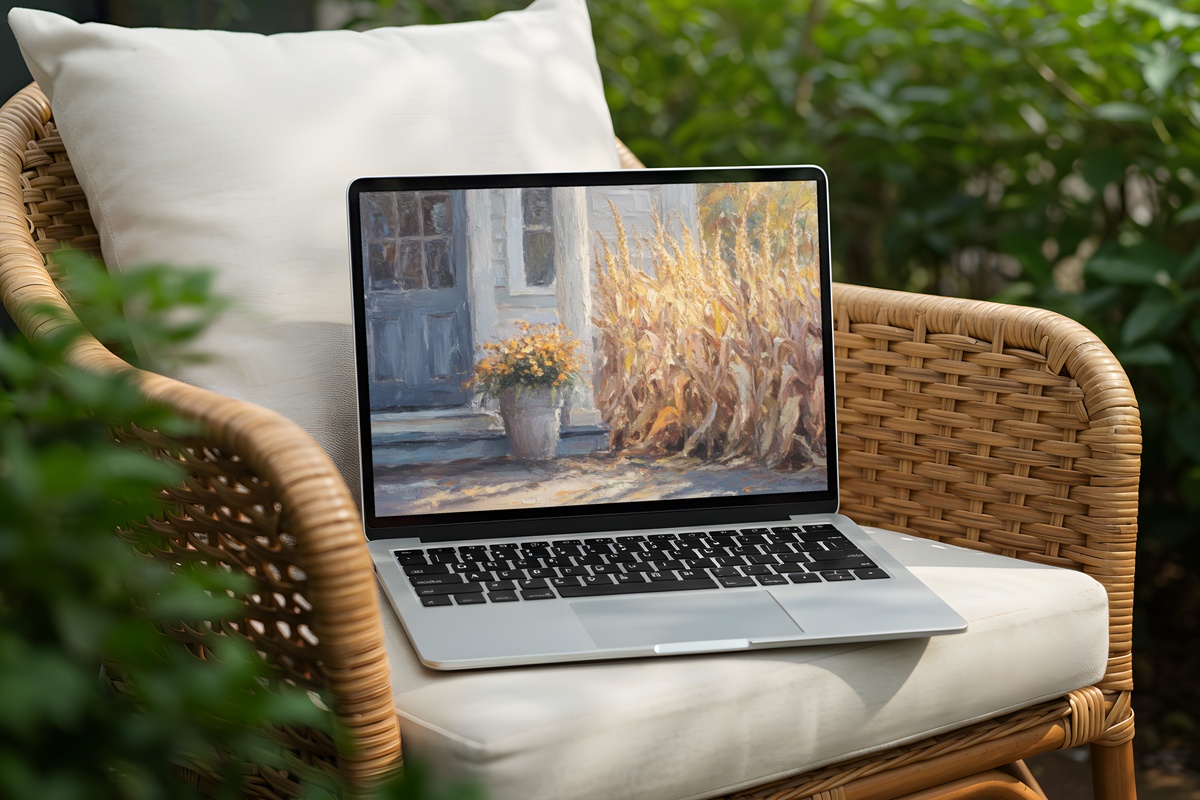 Corn Stalk Farmhouse Harmony desktop wallpaper featuring autumn corn stalks with warm seasonal tones