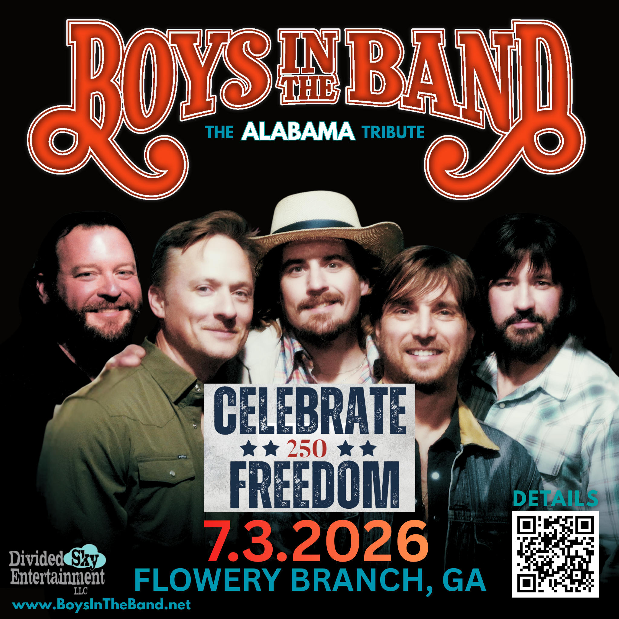 The sky fills with fireworks and Alabama classics as Boys in the Band takes over the Flowery Branch Farmers Market Pavillion for an unforgettable Independence Day celebration. This free outdoor community event brings 3,000 fans together under the covered pavilion stage for two hours of straight-through southern rock, followed by a spectacular drone show. Bring your lawn chairs and get ready to sing along.