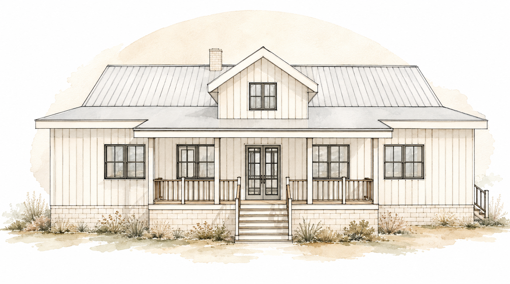 Watercolor of a one-story board-and-batten house with a metal roof, a centered dormer, a stone base, and a full front porch, by Arch Design by B