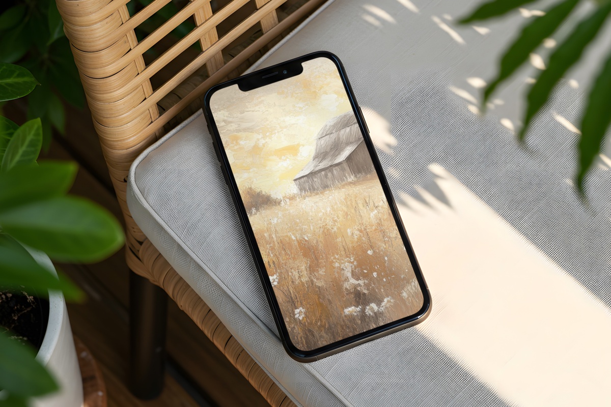 Sunlit Meadow Barn Serenity Farmhouse iPhone Wallpaper in warm beige