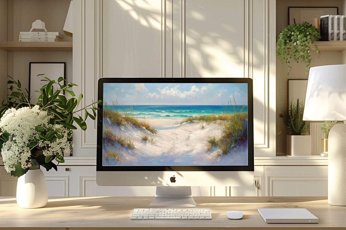 Tranquil Coastal Escape desktop wallpaper with impressionistic serene beach scene