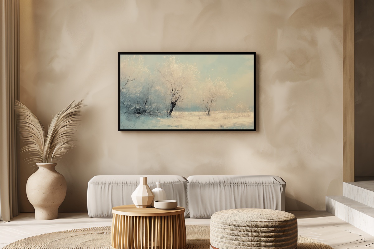 Whispering Frosted Winter Canopy Frame TV Art - frosted winter trees