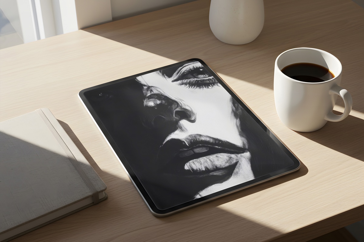 Shadowed Reverie Portrait Black and White iPad Wallpaper