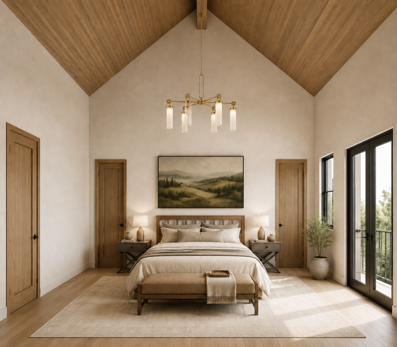 Primary bedroom with a vaulted wood ceiling, wood doors, and black-framed doors to a porch