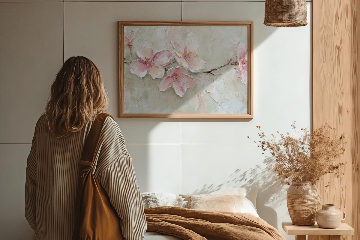 Pastel Blossom Harmony spring printable wall art with abstract pink cherry blossom branches