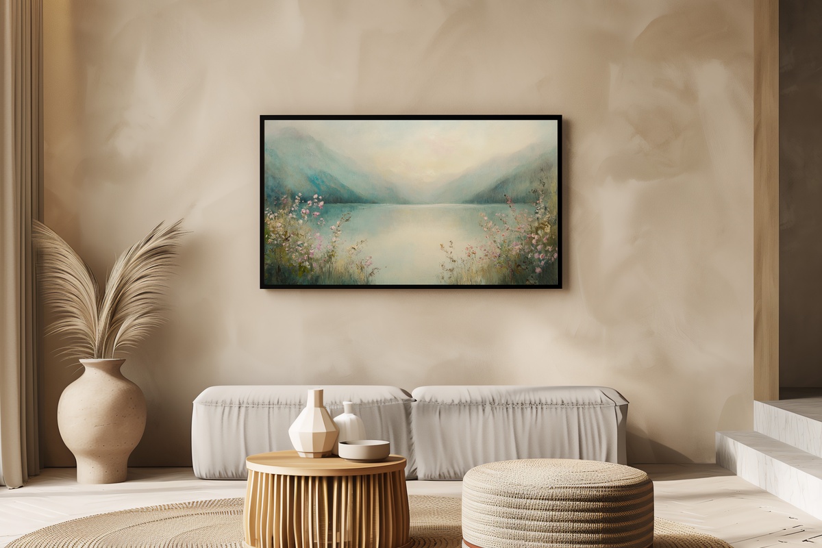 Lakeside Blossom Quartet Summer Frame TV Art impressionist lake with summer blooms