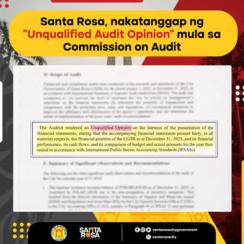 Santa Rosa, nakatanggap ng “Unqualified Audit Opinion” mula sa COA