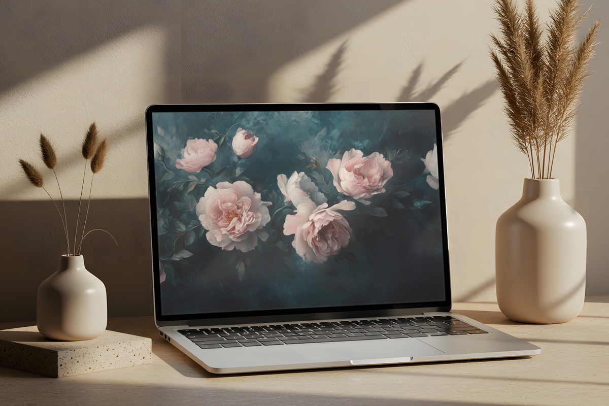 Blush Florals in Dramatic Shadows Floral Desktop Wallpaper