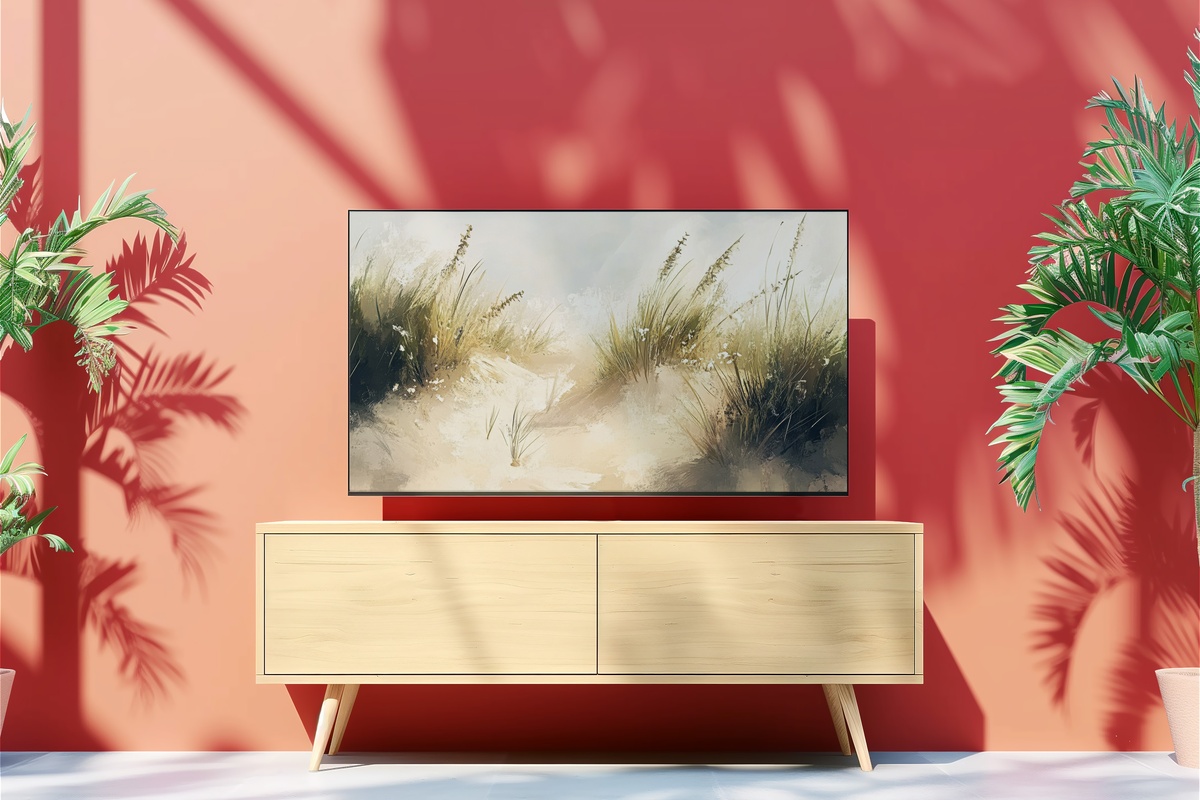 Soft Dunes Serenade Frame TV Art — gentle coastal beach dunes in warm sand tones