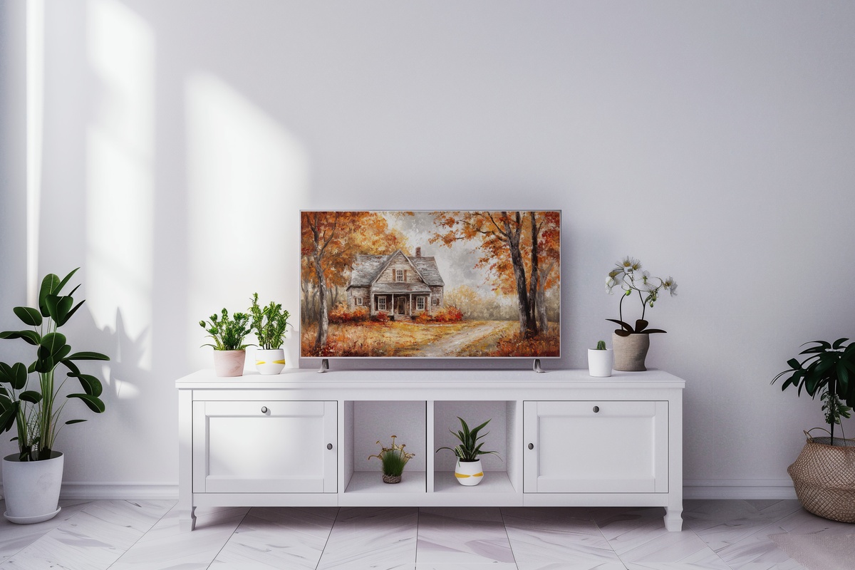 Quiet Farmhouse Autumn Leaves Frame TV Art with warm falling leaves on a farmhouse