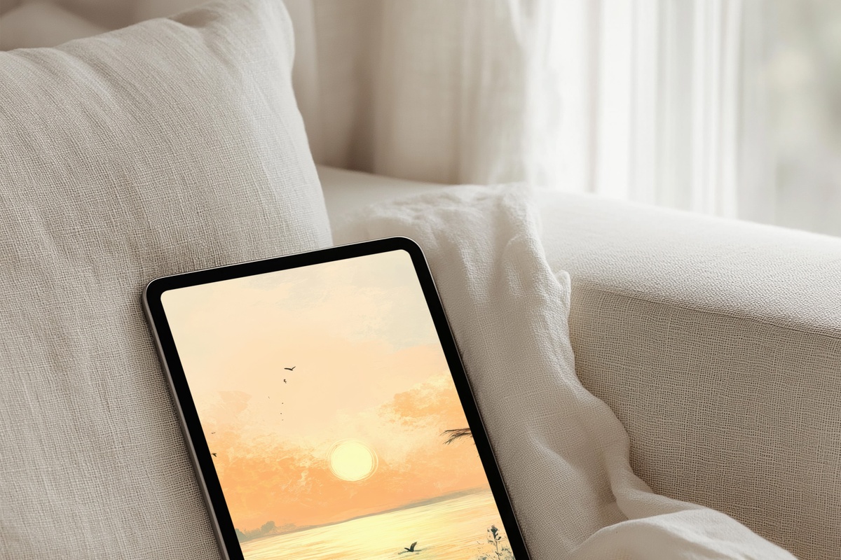 3D Sunrise Reverie Coastal iPad Wallpaper in soft pastels and earthy tones