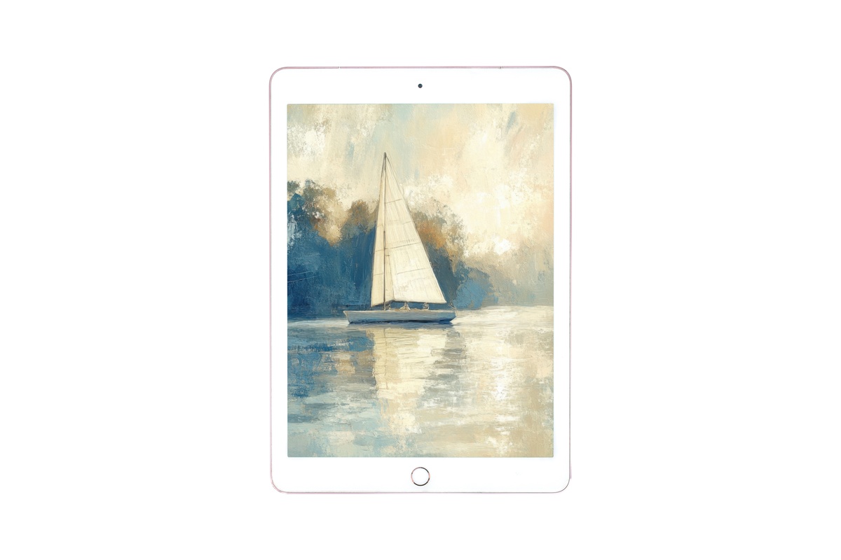 Serene Sailboat Tranquility Coastal iPad Wallpaper — sailboat in blues and golds