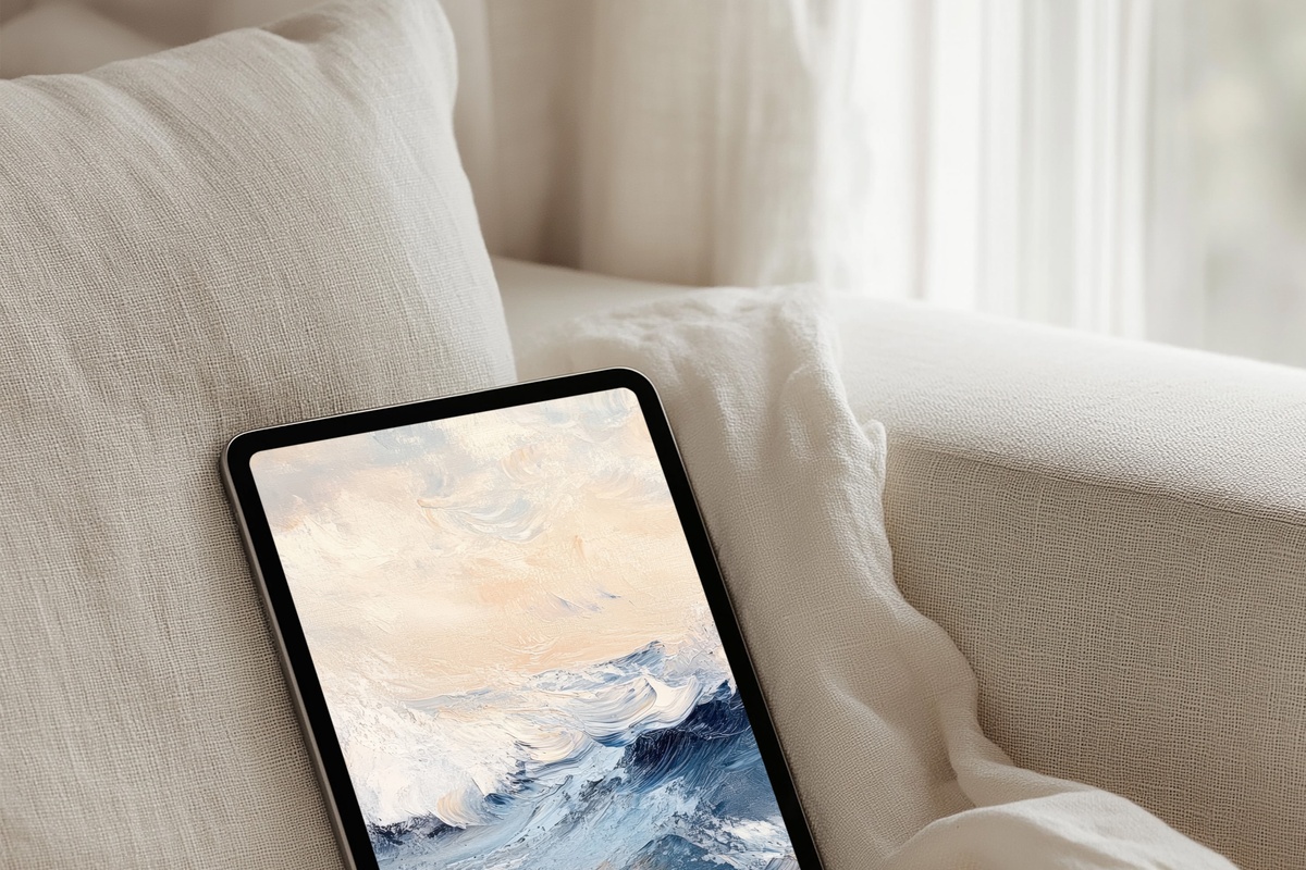 Golden Waves Dance Coastal iPad Wallpaper with serene blue and gold tones