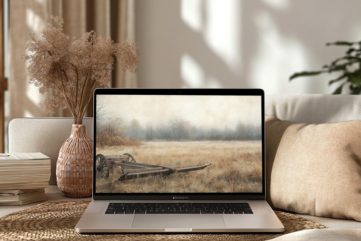 Field of Plow Antiques farmhouse desktop wallpaper showing an antique plow in an impressionist field scene