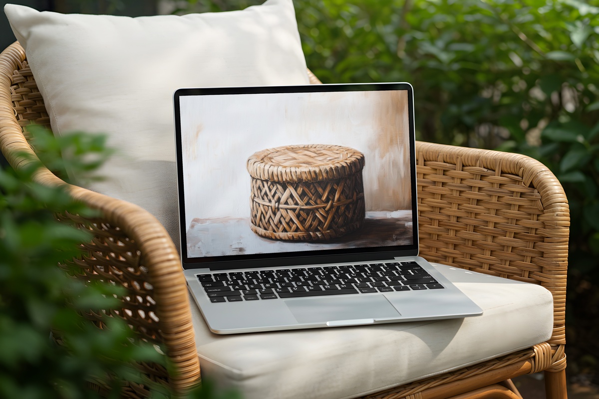 Artisanal Woven Whimsy boho desktop wallpaper with woven stool detail