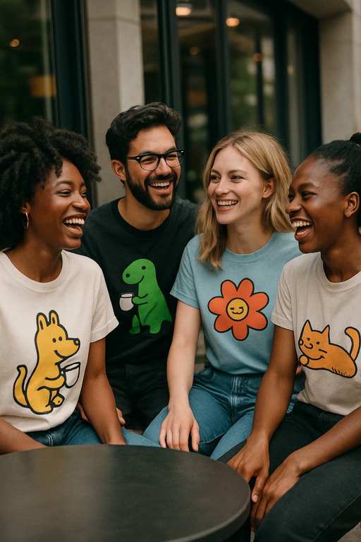 Diverse group wearing stylish funny graphic T-shirts in urban setting