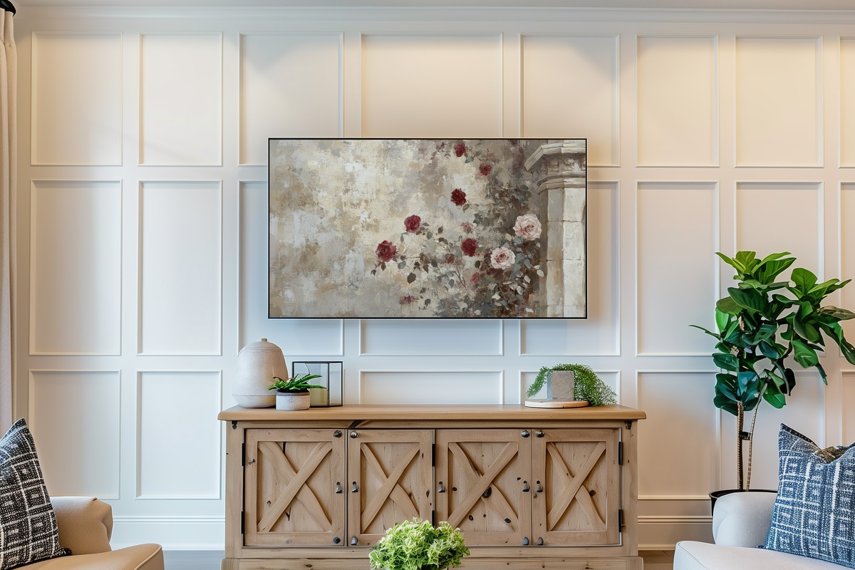 Roses in Walled Tranquility Vintage Frame TV Art