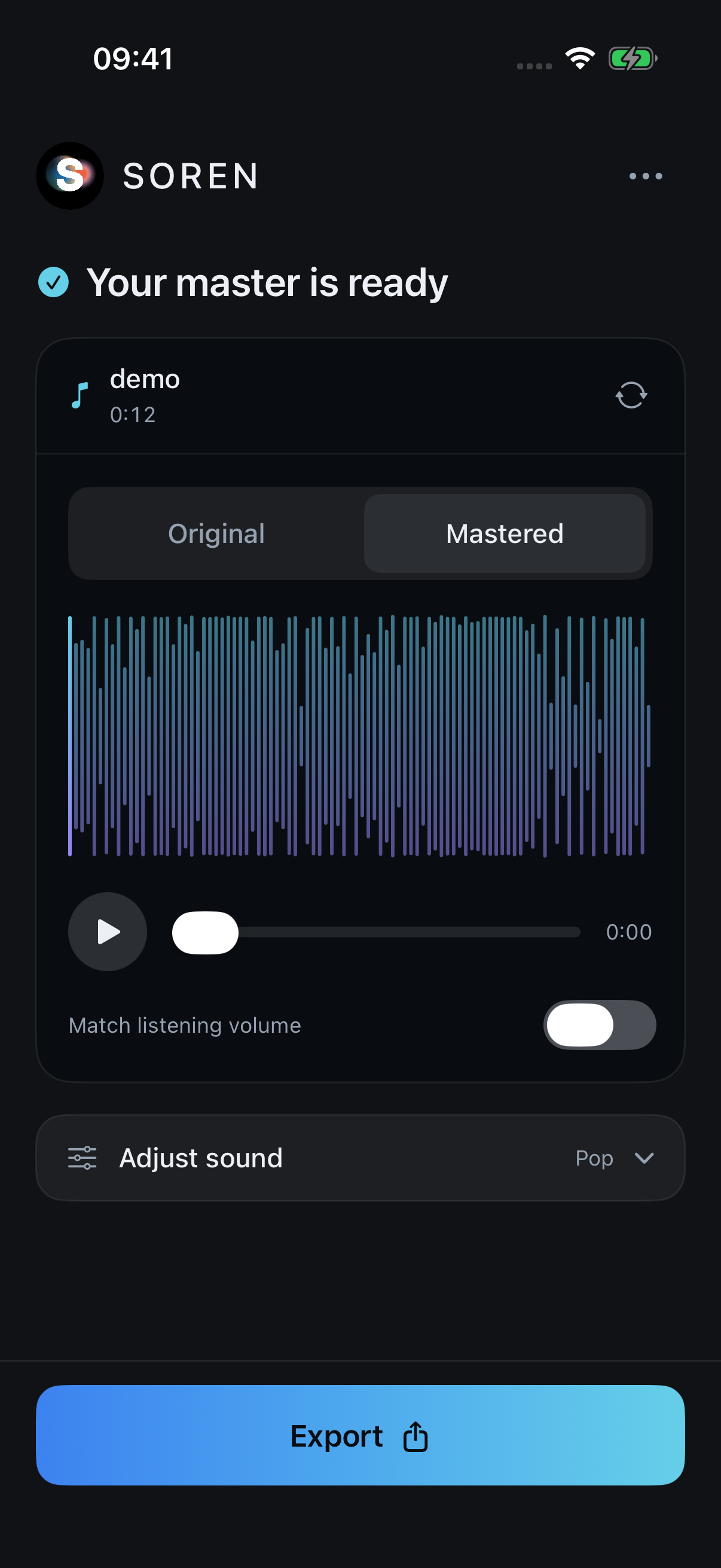 Soren on iPhone showing original and mastered audio with export controls
