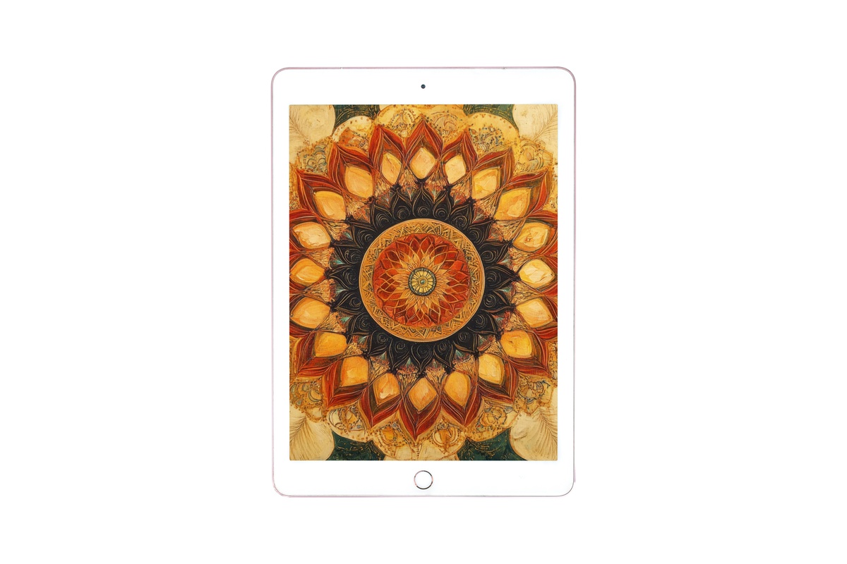 Earthy Mandala Tranquility iPad Wallpaper with terracotta mandala on warm neutral ground
