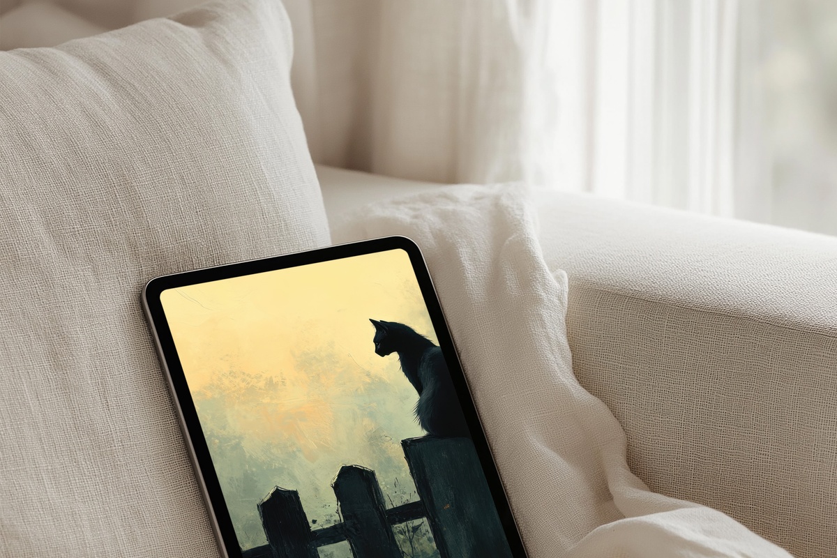 Black Cat's Twilight Watch Halloween iPad Wallpaper in muted greys and dusk tones