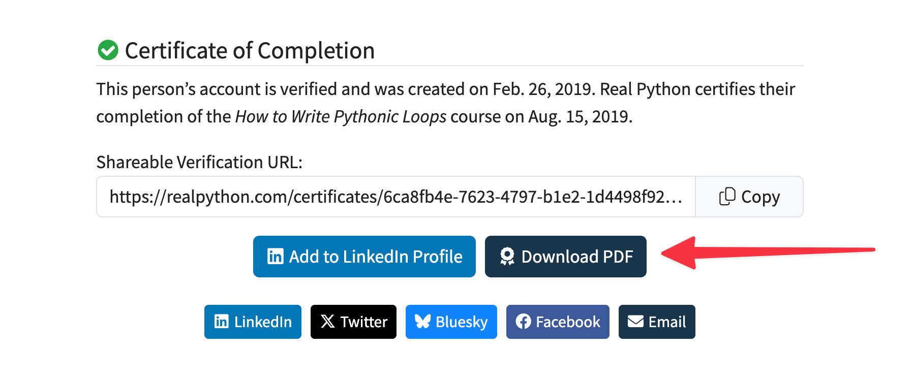 The Download PDF button on the certificate page
