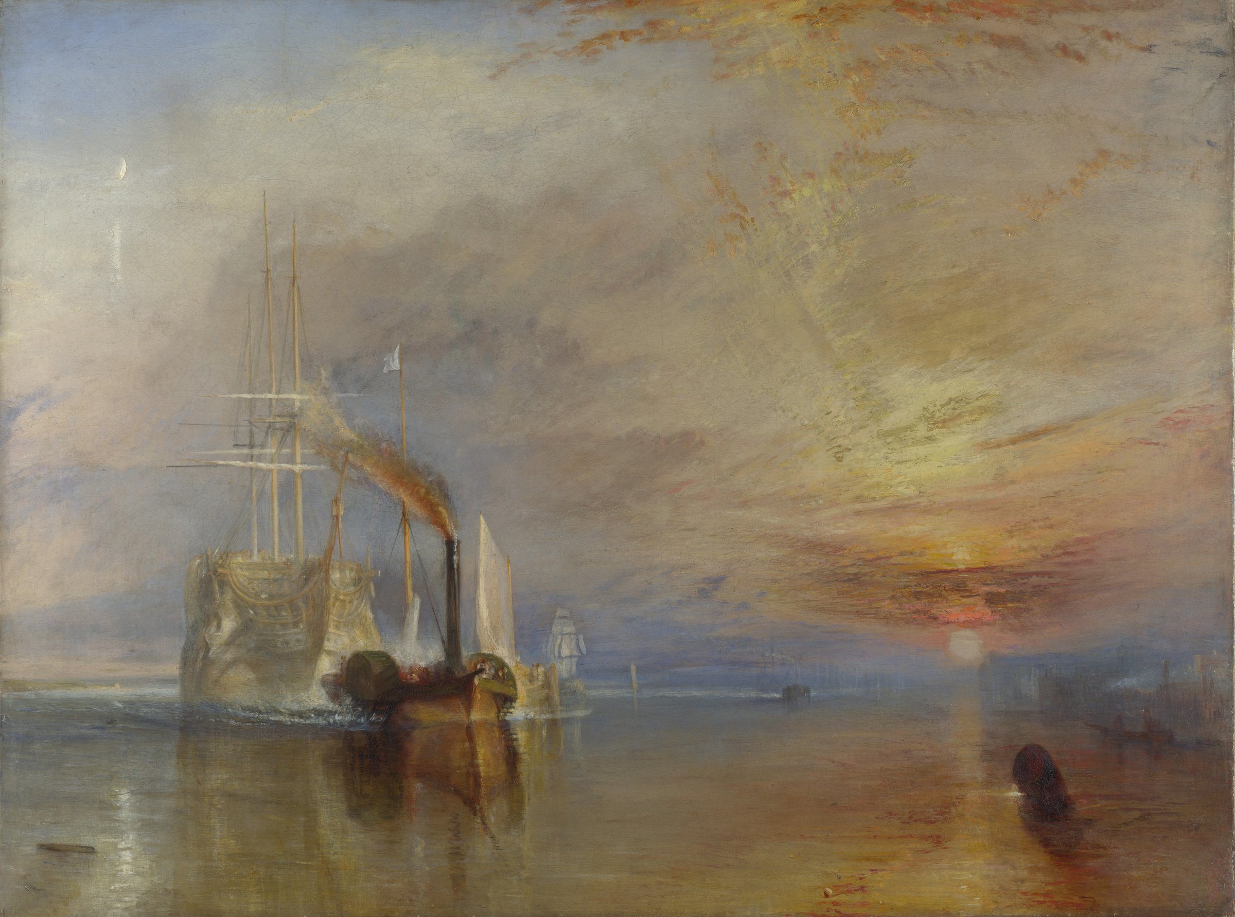 J.M.W. Turner, The Fighting Temeraire, 1839. National Gallery, London. Turner painted ships in their final voyages; the Temeraire is being towed to the breakers in the painting many British viewers still consider his masterpiece.
