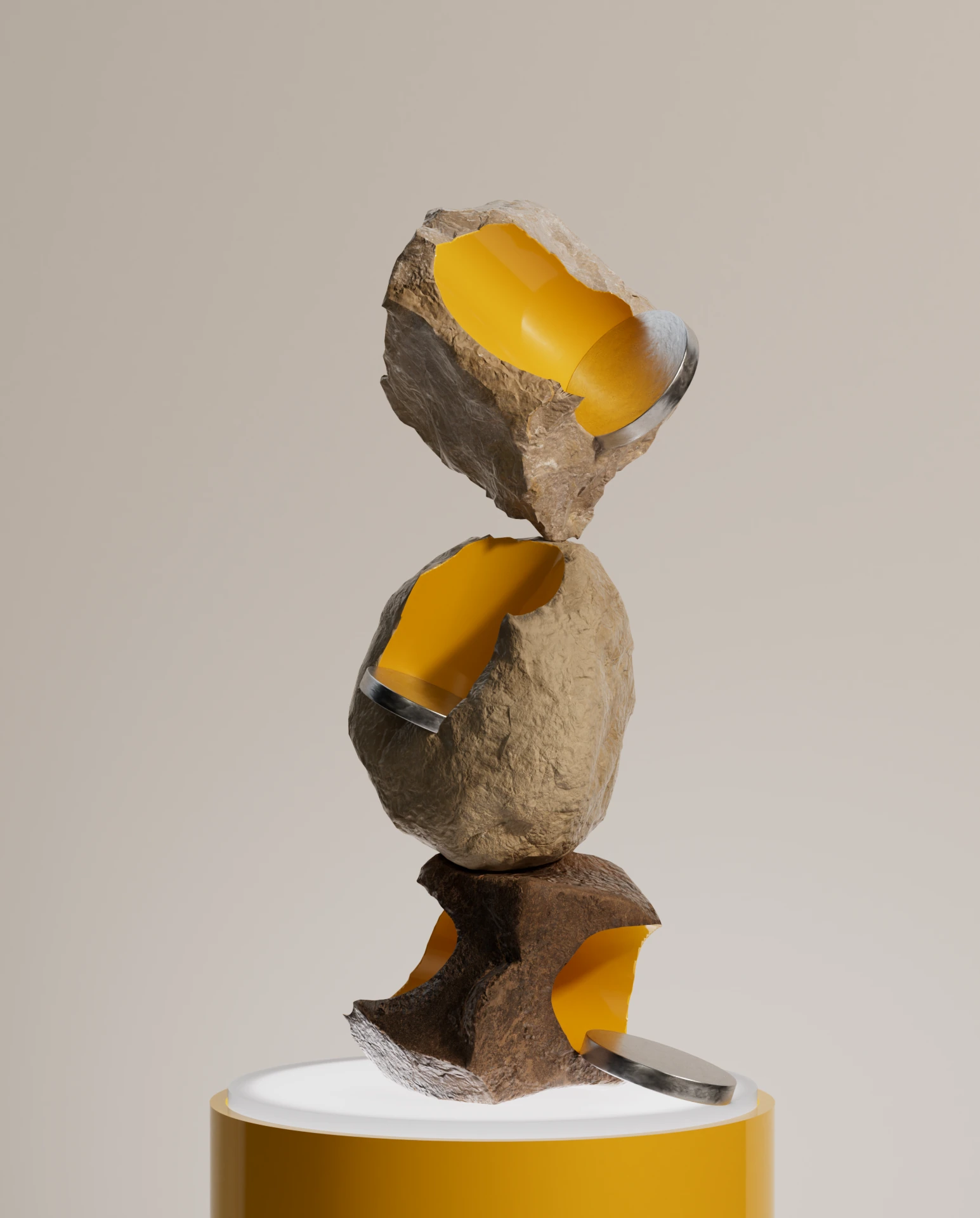 3D rendered abstract sculpture of stacked cracked stone forms revealing a bright yellow interior with silver metal rings displayed on a yellow pedestal against a neutral background