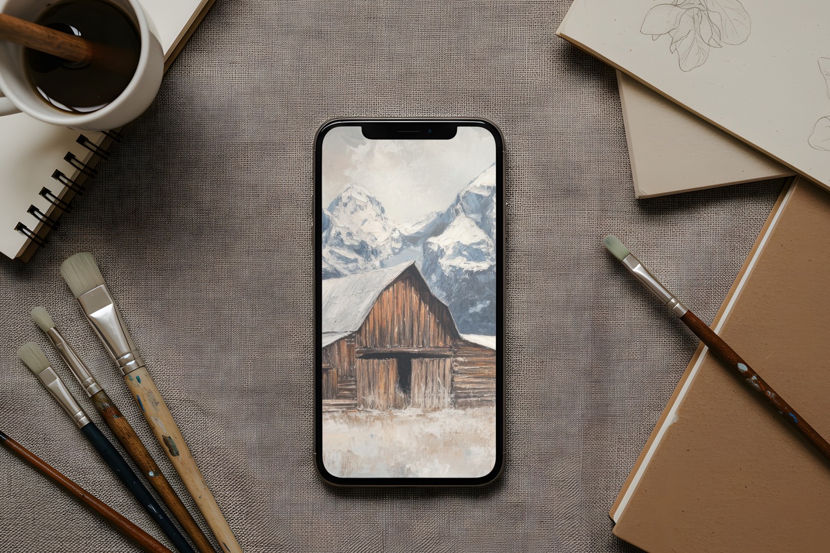 Mountain Snow Barn Stillness Farmhouse iPhone Wallpaper