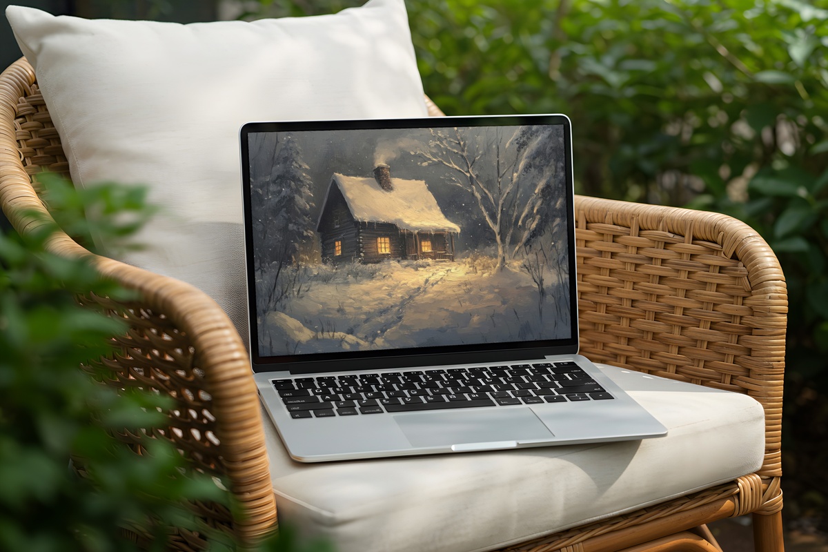 Cozy Retreat in Winter's Embrace desktop wallpaper — cozy winter cabin scene on computer screen