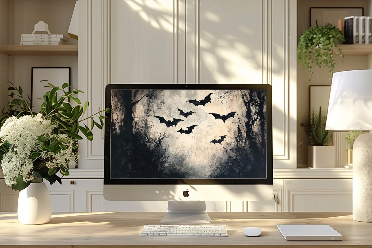 Bats in Enchanted Woodland Halloween Desktop Wallpaper