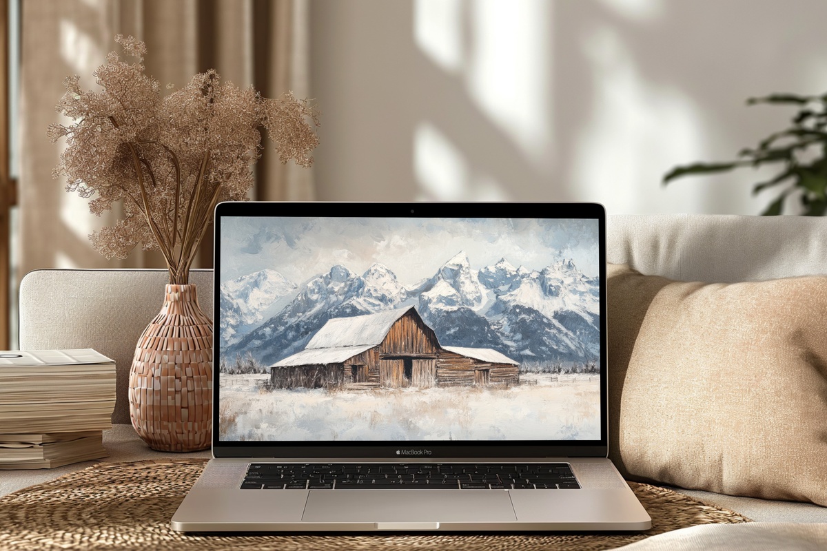 Mountain Snow Barn Stillness Farmhouse Desktop Wallpaper