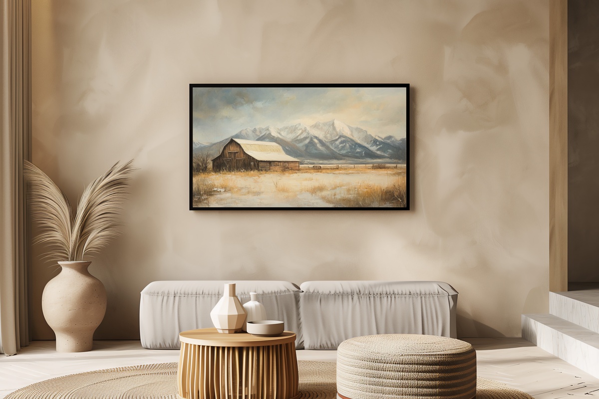 Snowy Barnscape Tranquility Farmhouse Frame TV Art