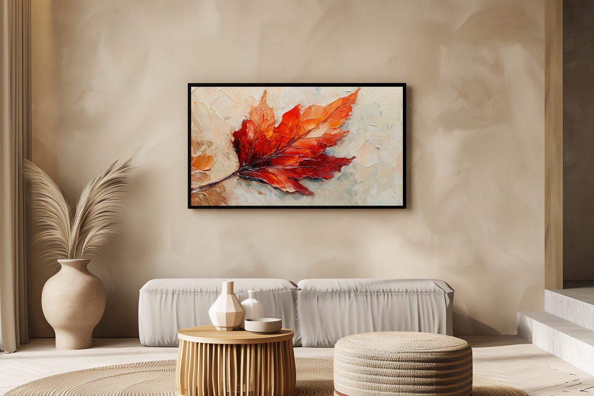Close-Up Leaf Whispers Frame TV Art — impressionist autumn leaf in vibrant fall tones