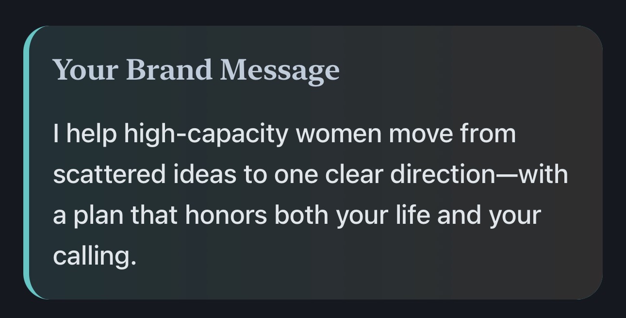 EssieLite Brand Message output — your core leadership message crafted with clarity