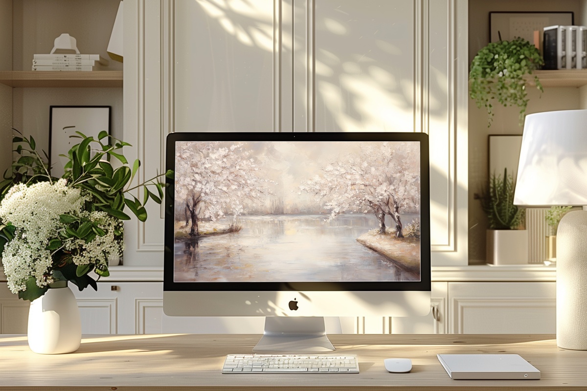 Mirror-like Cherry Lake landscape desktop wallpaper with cherry blossoms reflected in still water
