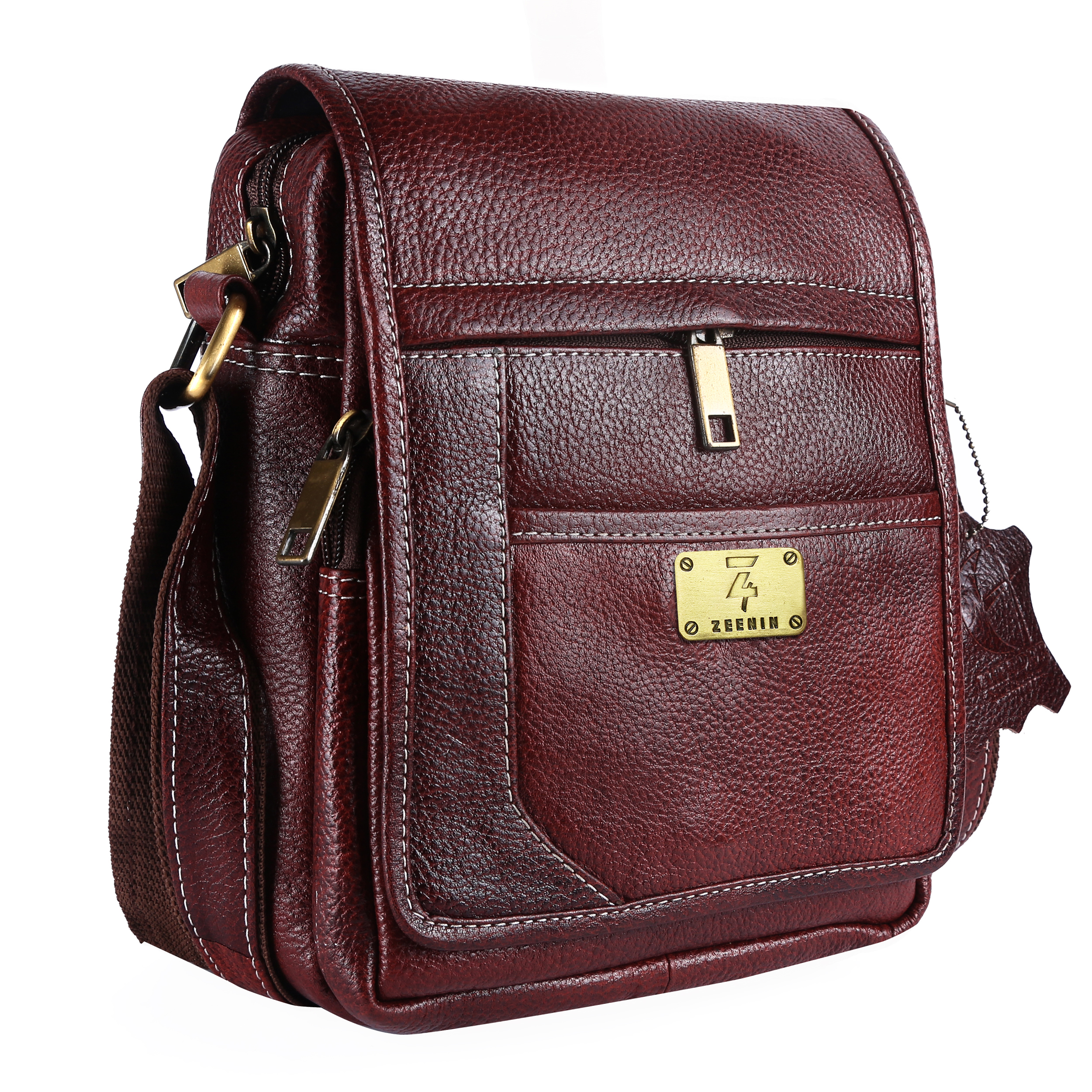 Zeenin Pure Genuine Leather 9 inches Sling Cross Body Travel Office Tablet Bag with Flap for Men and Women, Brown