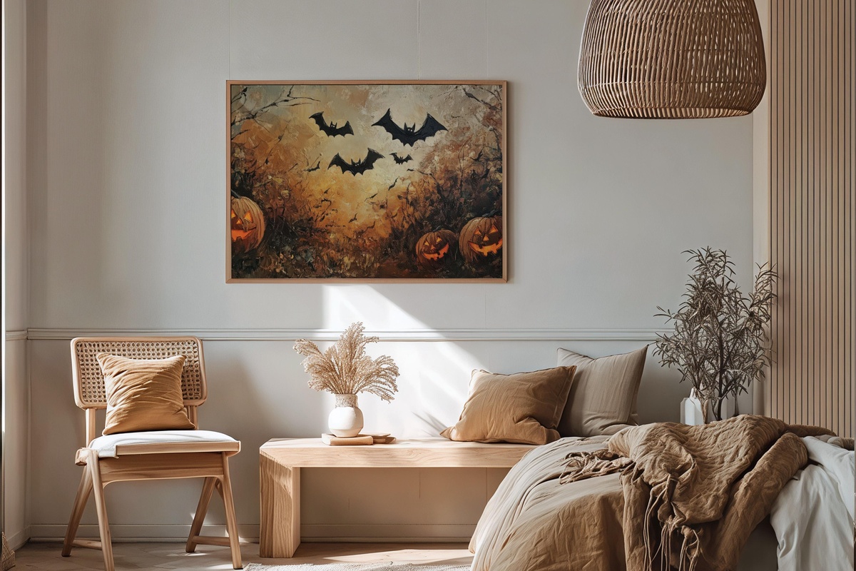 Jack-o-lanterns and bats Halloween printable wall art