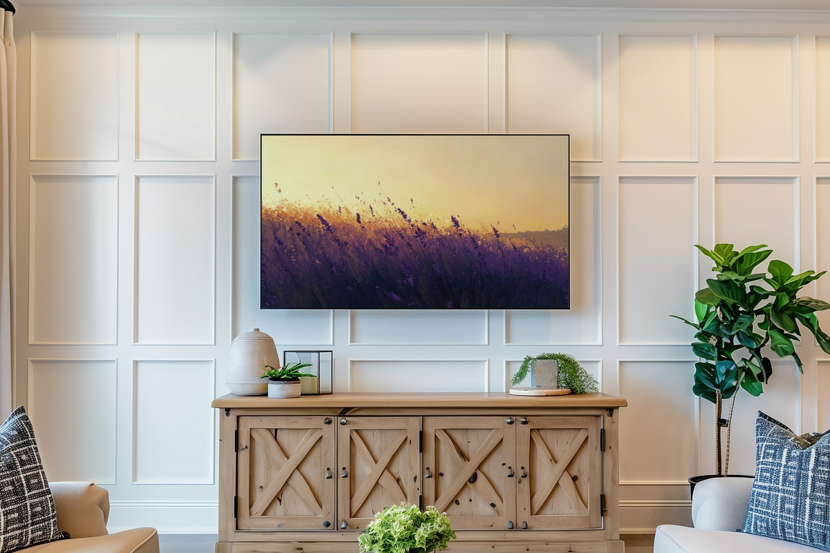 Golden Lavender Landscape Frame TV Art — lavender field at golden hour with warm amber sky