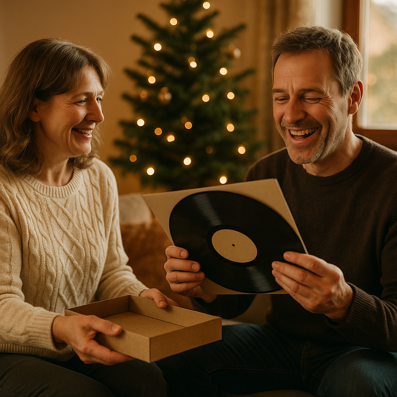 Frau überreicht einem Schallplattensammler zu Weihnachten ein Geschenk mit Schallplatte im gemütlichen Wohnzimmer