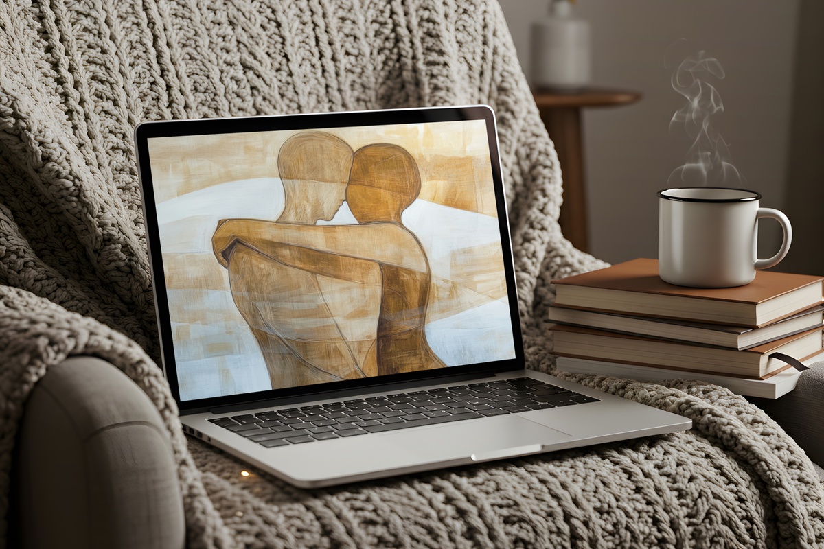 Minimalist Human Harmony Desktop Wallpaper - two abstracted figures in an embrace