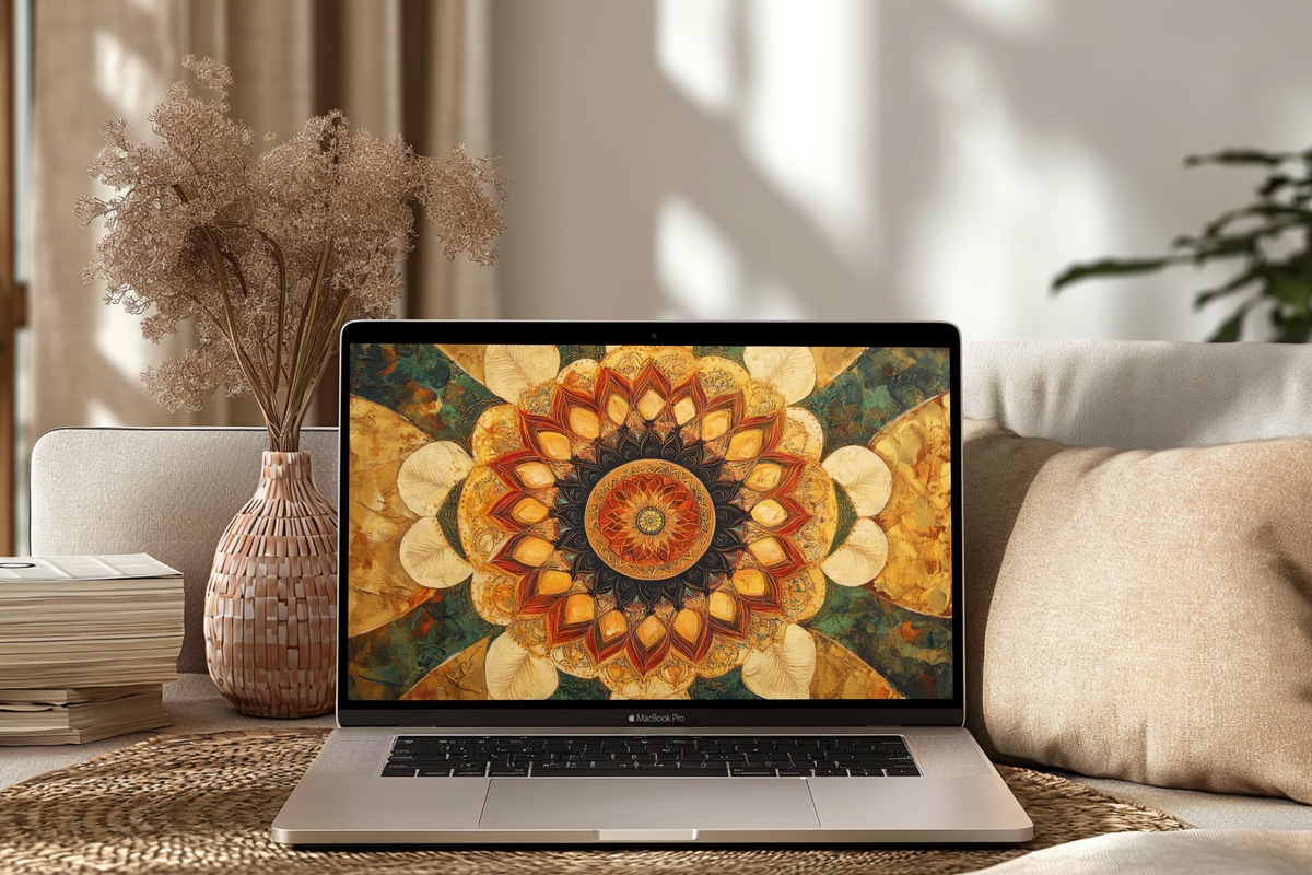 Earthy Mandala Tranquility boho desktop wallpaper in warm mandala design