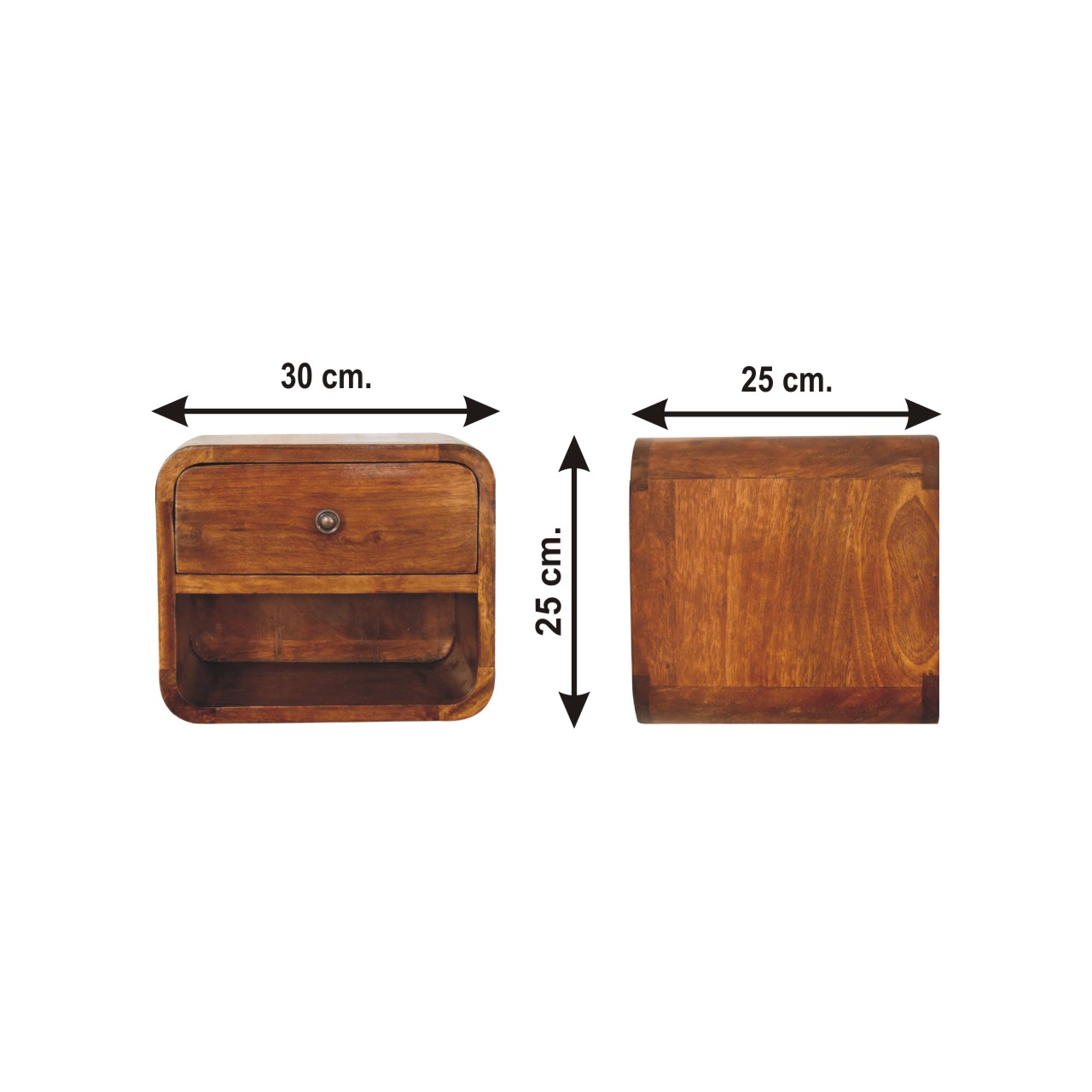 Size chart for Mini Curved Chestnut Wall Mounted Bedside with Open Slot