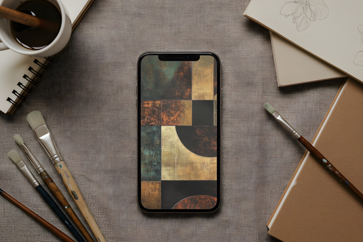 Metallic Geometric Modernion modern iPhone wallpaper with teal and metallic abstract geometry
