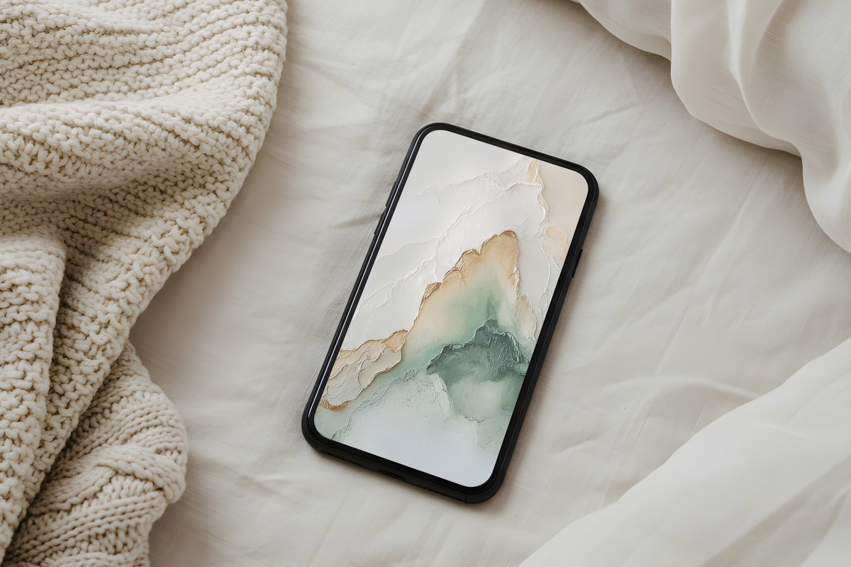 Marble Dreams in Motion neutral iPhone wallpaper with soft sage and ivory marble-like fluid patterns