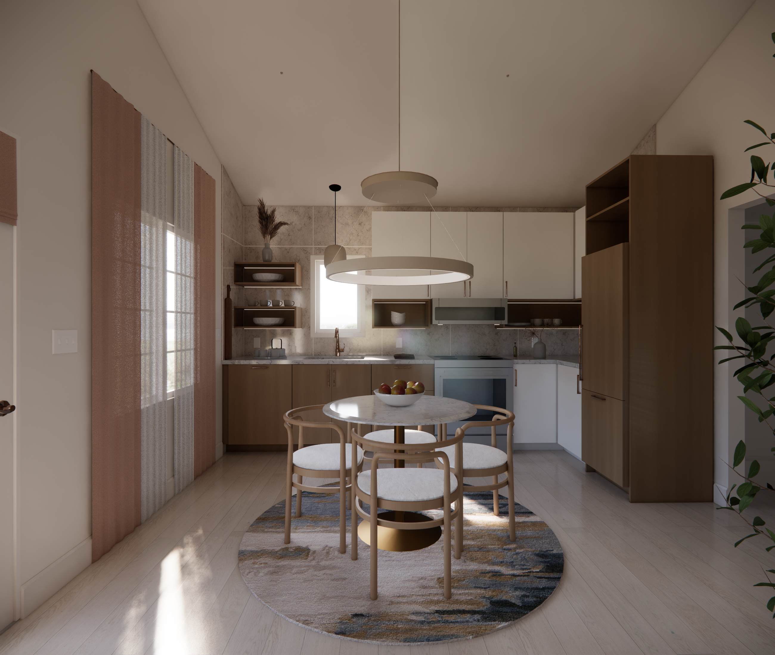 Kitchen with wood and white cabinets and a round table for four under a circular pendant