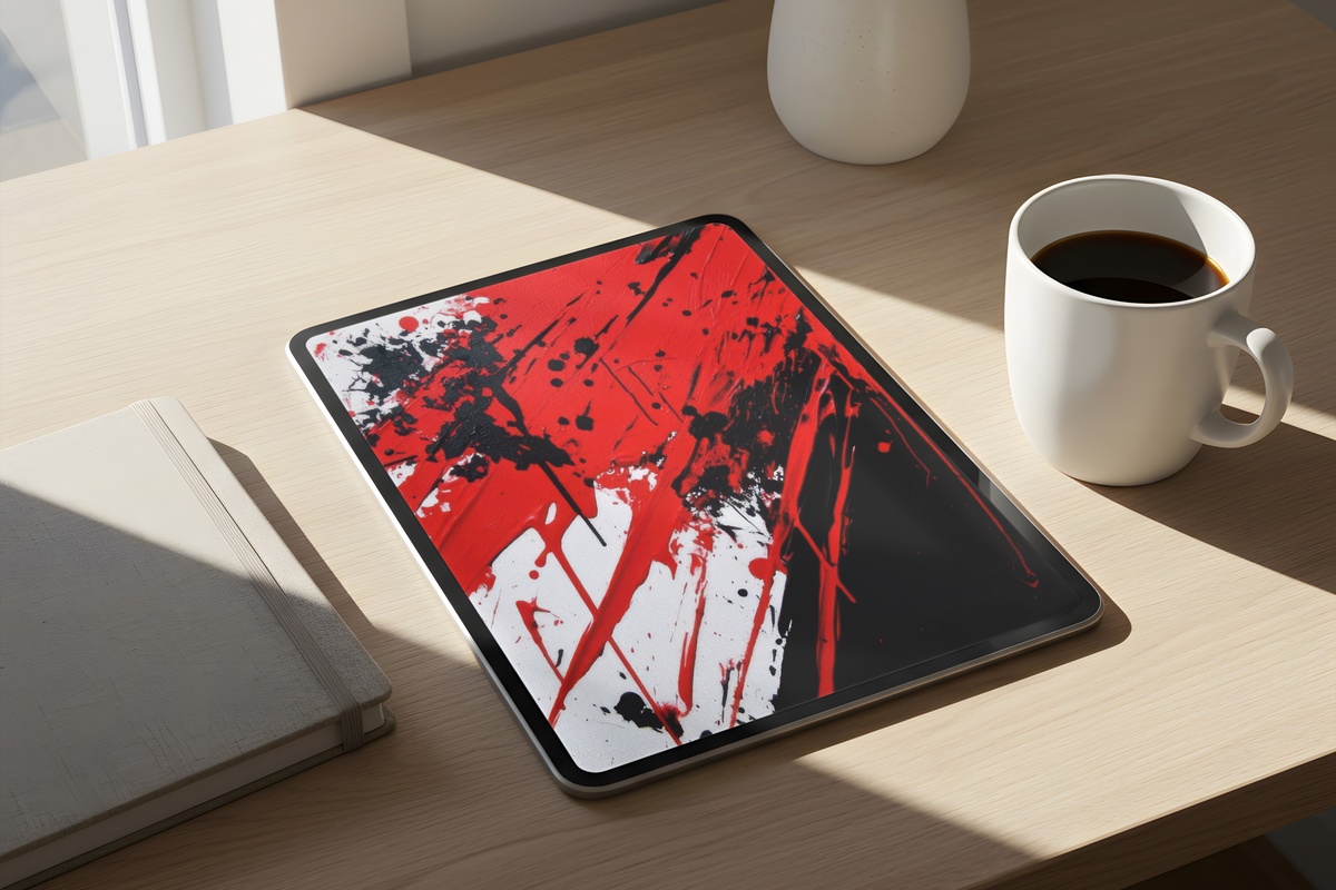 Vibrant Red Black Splashes modern tablet wallpaper in red black and white