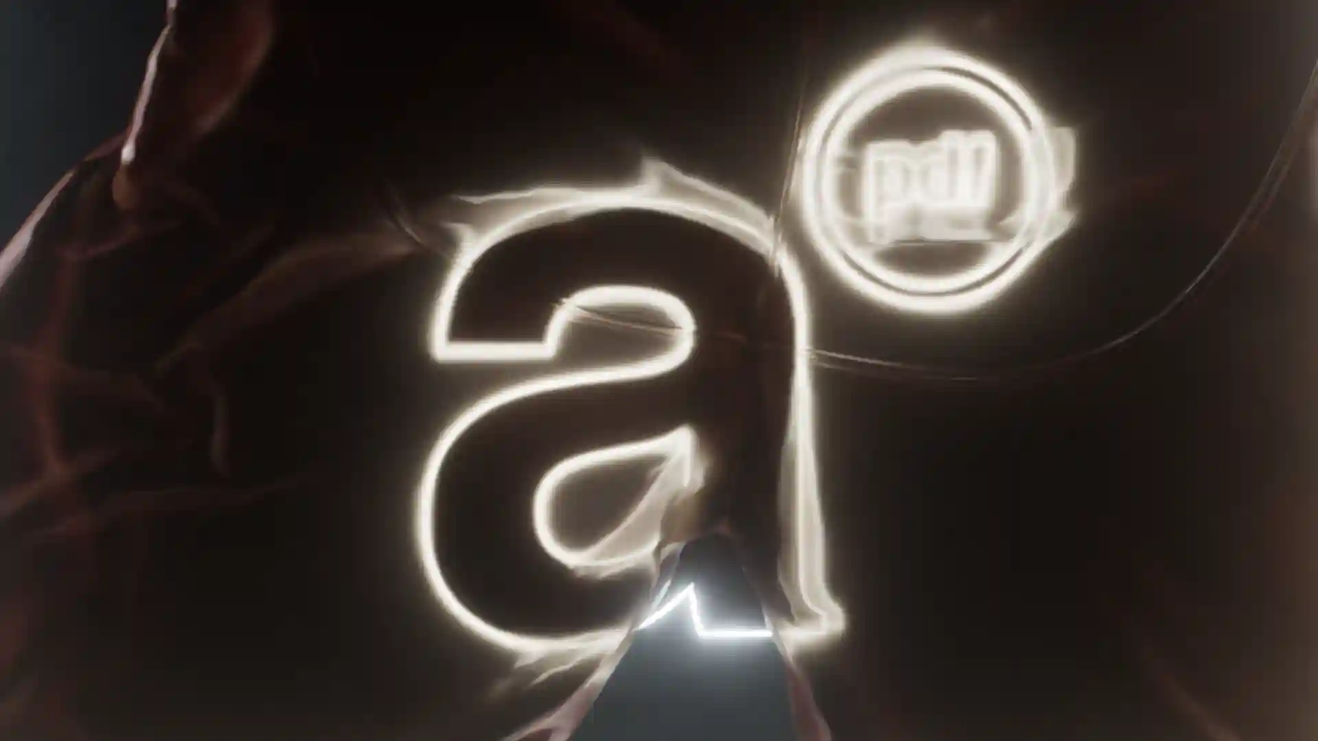 Archive PDF glowing neon logo animation showing the letter A and pdf badge rendered as light trails against a dark dramatic background