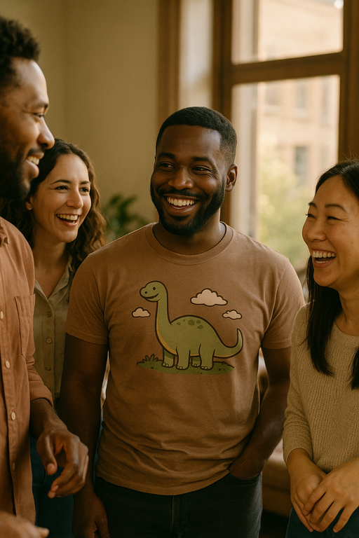 Diverse group wearing stylish funny graphic T-shirts in urban setting