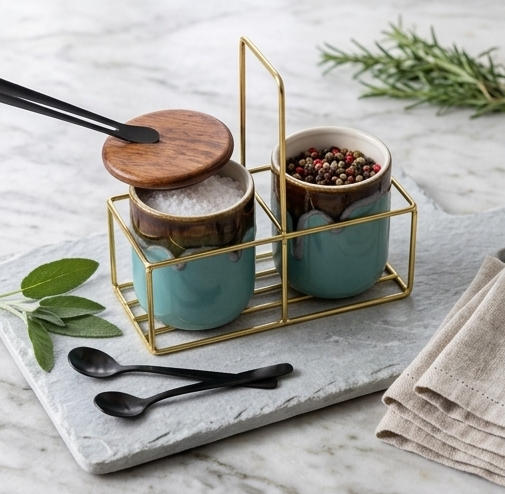Dual Ceramic Storage Jar Set with Wooden Lids & Gold Metal Stand